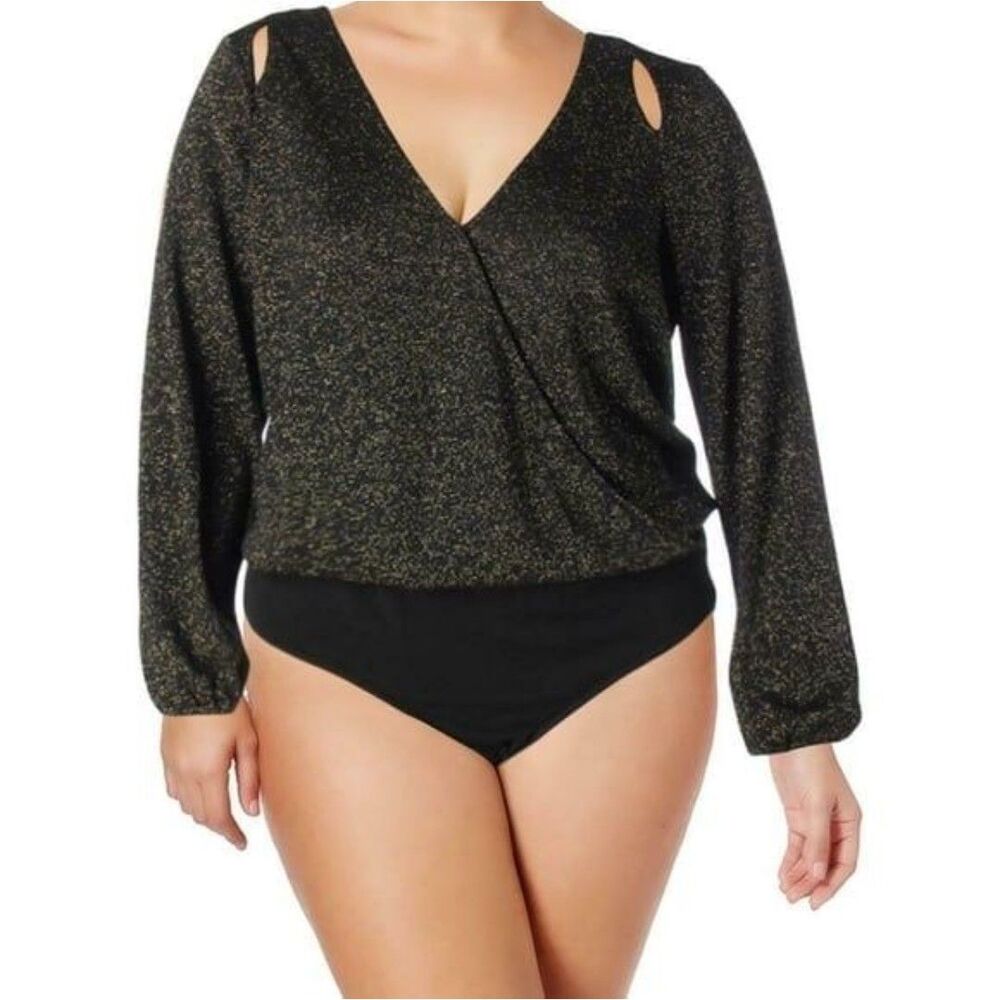 Love & Legend Black & Gold Faux Wrap Long Sleeve Metallic Bodysuit Size 3X NWT